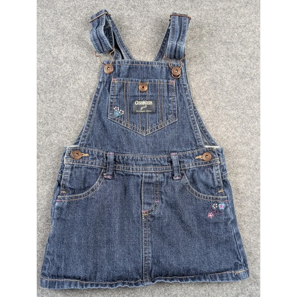 OshKosh B'gosh Girls‎ Blue Denim Overall Jumper Dress Floral Butterfly Size 3T